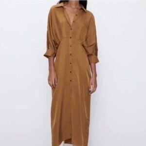 Zara pleated midi shirt dress midi toffee button down dress XS